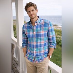 J.Crew Plaid Button Down Shirt Men’s Medium Summer Cotton Blue Green